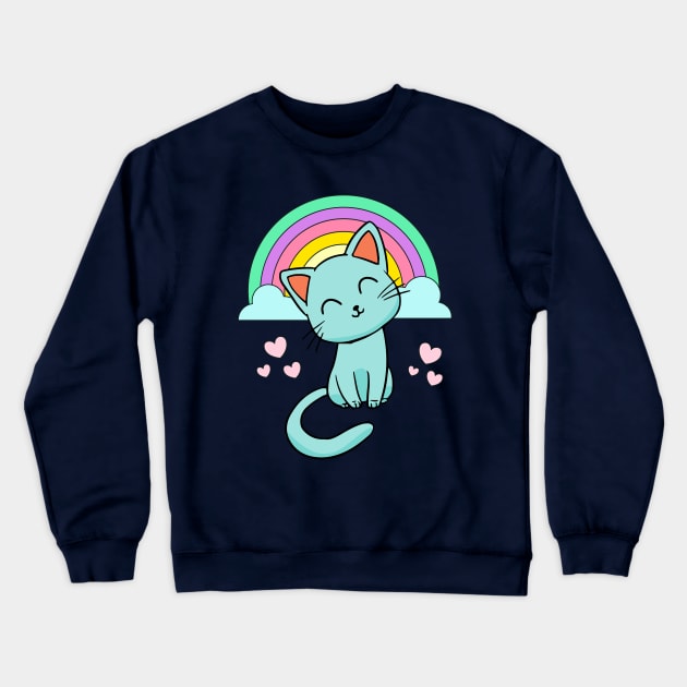 Cute Kitty Cat With Rainbow & Hearts Girls Crewneck Sweatshirt by PozureTees108